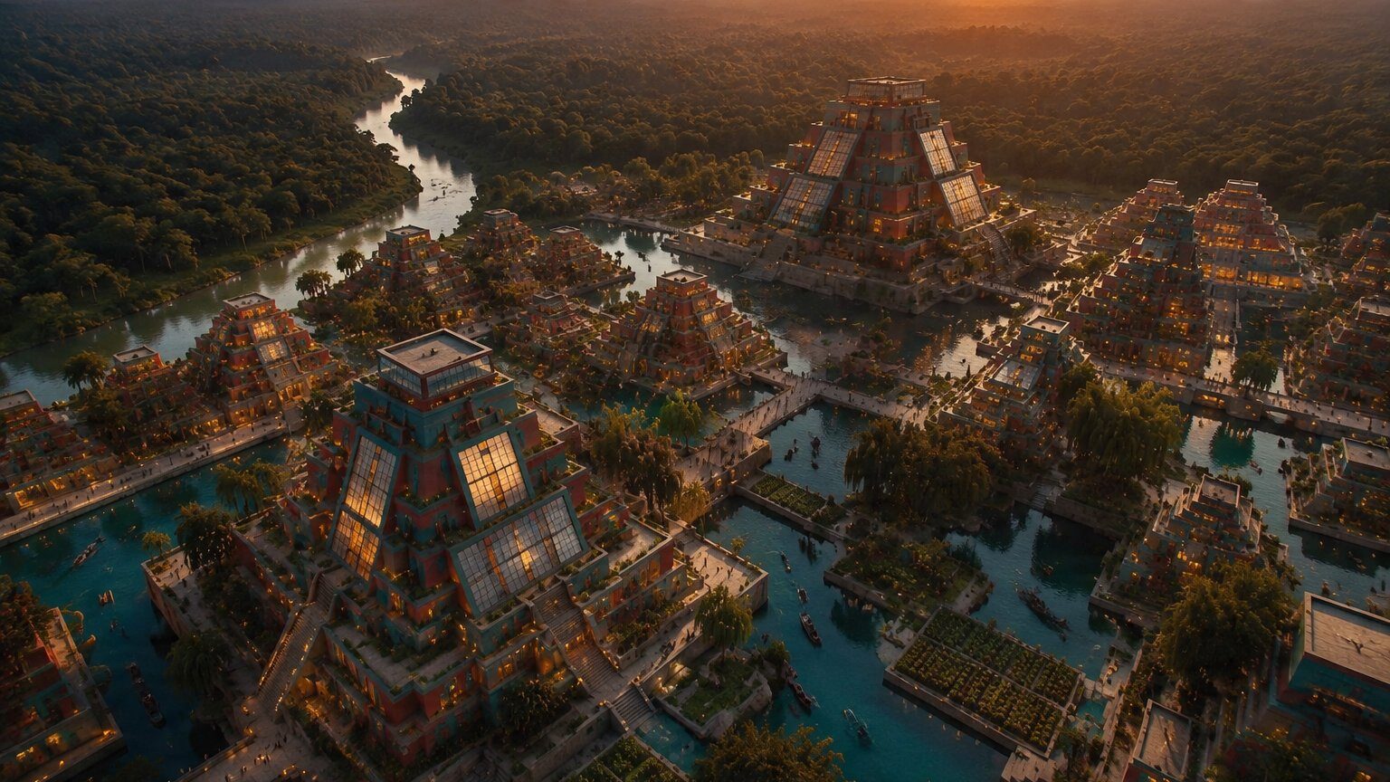 Aztlán — aerial city view at sunset