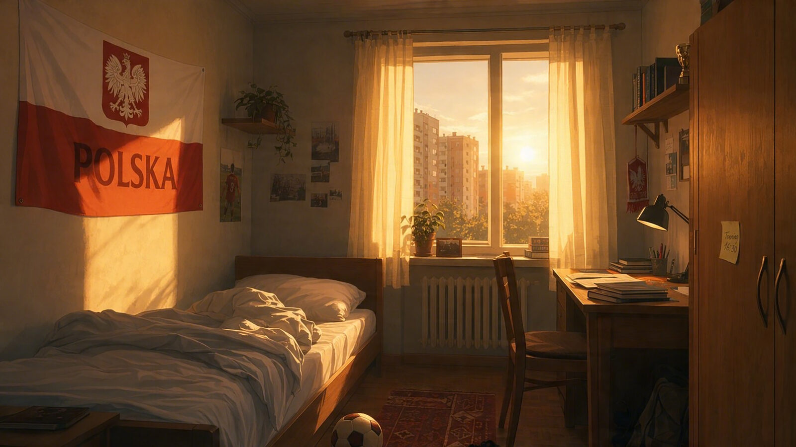 Polish bedroom at golden hour